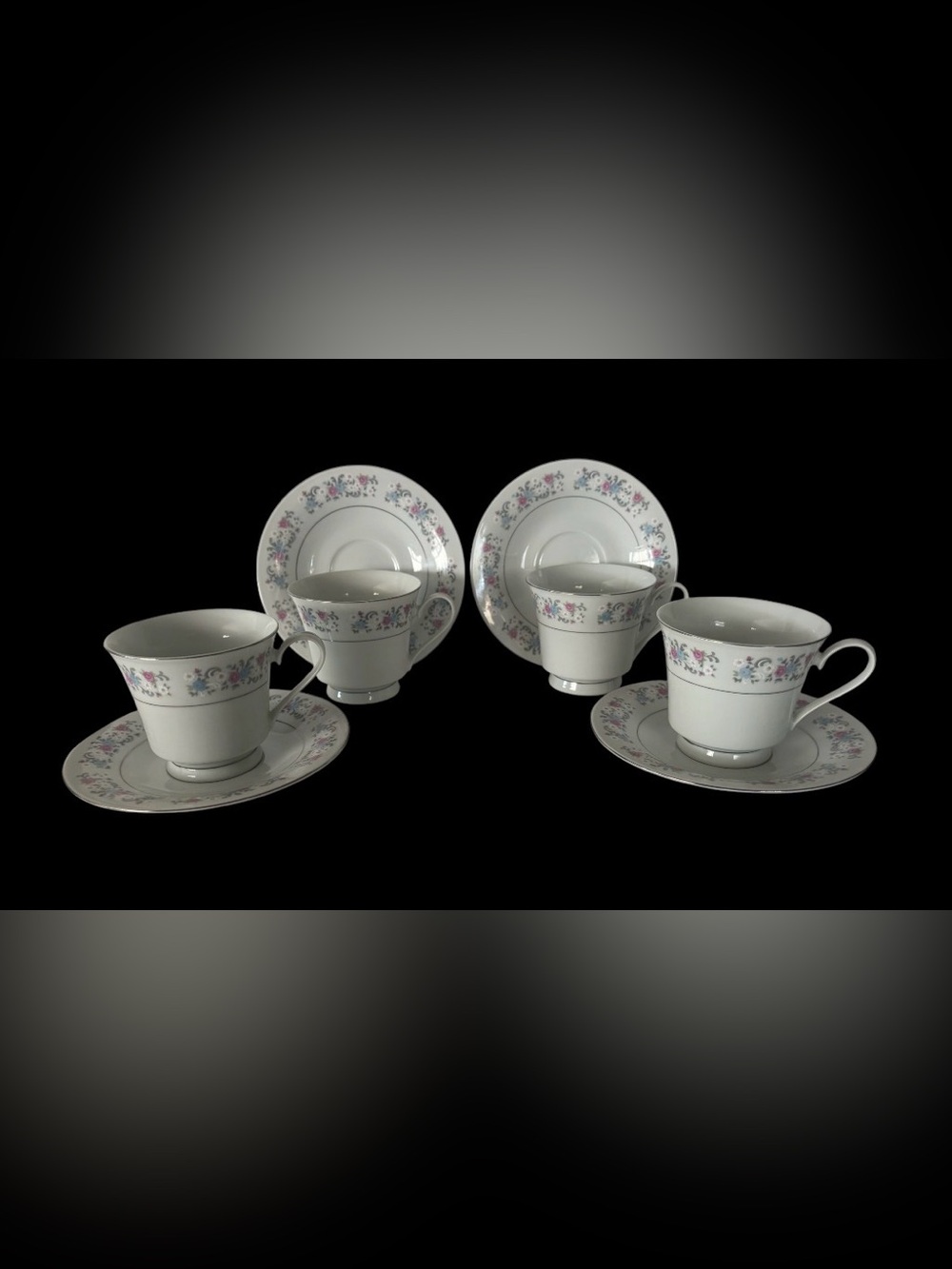 Vintage -set of 4- Dynasty fine china Teacup and Saucer Floral Border